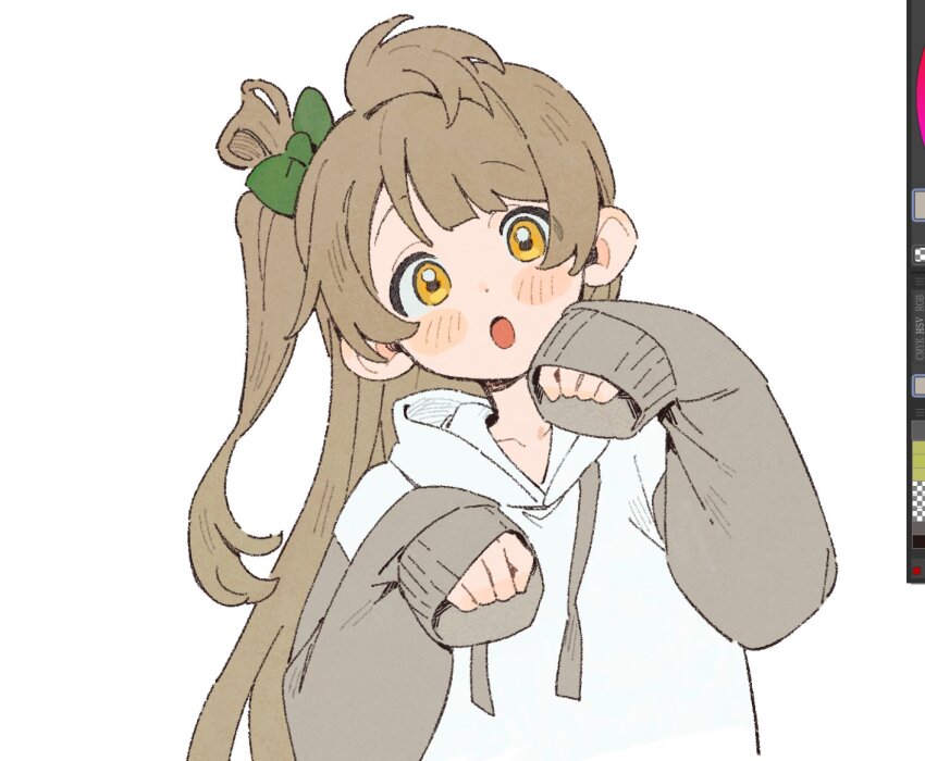 1girl :o art_program_in_frame blush bow brown_hair collarbone hair_bow highres hood hoodie long_hair long_sleeves looking_at_viewer love_live! love_live!_school_idol_project minami_kotori minamip one_side_up open_mouth simple_background solo white_background yellow_eyes