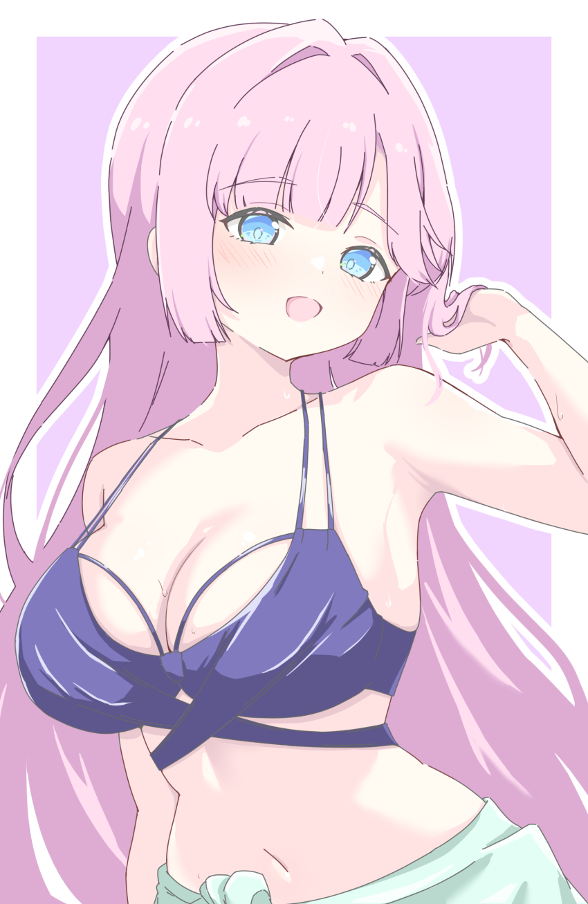 1girl :d absurdres anyoji_hime aqua_sarong armpits bikini blue_bikini blue_eyes blunt_bangs blush border breasts cleavage collarbone cosplay hair_down hand_up highres large_breasts link!_like!_love_live! long_hair looking_at_viewer love_live! multi-strapped_bikini_top navel open_mouth otomune_kozue otomune_kozue_(cosplay) otomune_kozue_(swimsuit) outline outside_border pink_background pink_hair rokoroko_65 sarong sidelocks smile solo split_mouth stomach strap_gap swept_bangs swimsuit upper_body very_long_hair white_border white_outline