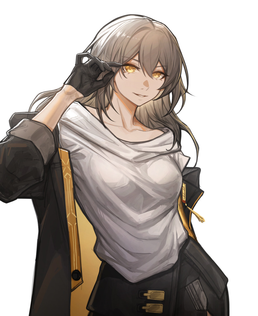 1girl absurdres black_gloves black_jacket black_skirt breasts collarbone commentary cowboy_shot deka_yo english_commentary gloves grey_hair hair_between_eyes hand_up highres honkai:_star_rail honkai_(series) jacket large_breasts long_hair looking_at_viewer open_clothes open_jacket shirt simple_background skirt smile solo stelle_(honkai:_star_rail) trailblazer_(honkai:_star_rail) white_background white_shirt yellow_eyes