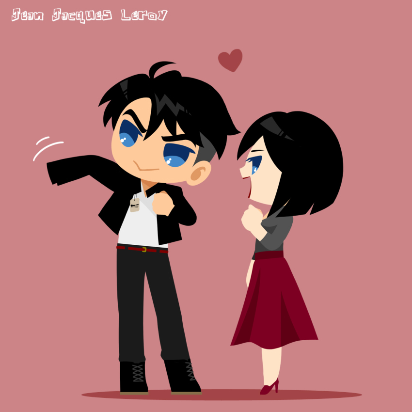 1boy 1girl :&gt; belt black_hair blue_eyes character_name dressing heart high_heels highres isabella_yang jacket jean-jacques_leroy kaorin_minogue lanyard open_mouth skirt smile yuri!!!_on_ice
