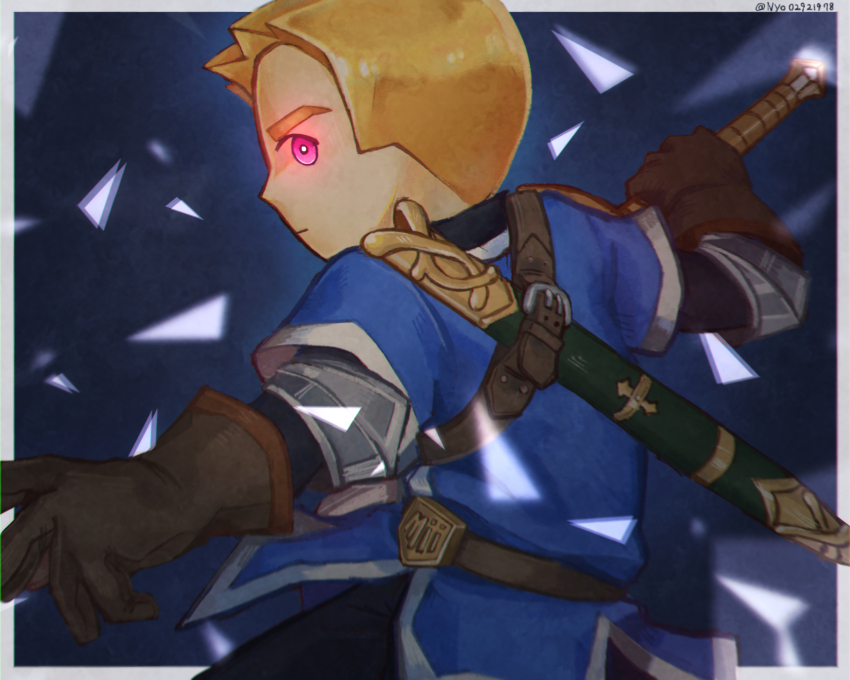 1boy armor belt blonde_hair brown_gloves commentary fighting_stance gloves glowing glowing_eyes highres holding holding_sword holding_weapon looking_at_viewer male_focus mii_(nintendo) mii_swordfighter mii_swordfighter_(smash_ultimate) nintendo nyo02921978 pink_eyes sheath short_hair solo super_smash_bros. sword the_legend_of_zelda weapon