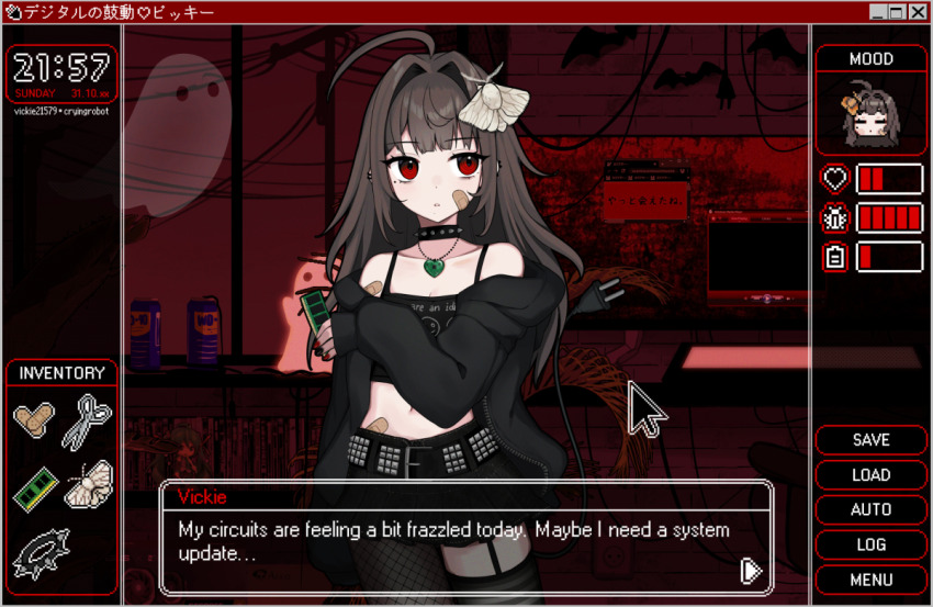1girl ahoge animal animal_on_head artist_name asymmetrical_legwear bandaid bandaid_on_arm bandaid_on_cheek bandaid_on_face bare_shoulders belt black_choker black_jacket black_shirt black_skirt brown_hair bug cable cable_tail character_name choker cowboy_shot cropped_shirt cursor dialogue_box electric_plug electric_plug_tail english_text fake_screenshot garter_straps ghost hair_intakes heart heart_necklace holding insect jacket jewelry long_hair long_sleeves looking_at_viewer mechanical_tail microsoft_windows midriff miniskirt mole mole_under_eye moth moth_on_head nail_polish necklace off_shoulder on_head open_clothes open_jacket original parted_lips ram_(computer) red_eyes shirt skirt solo spaghetti_strap spiked_choker spikes standing studded_belt tail tail_raised uneven_legwear vickie_(cryingrobot) vickie_(cryingrobot)_(character) visual_novel wd-40 window_(computing) windows_95 windows_classic