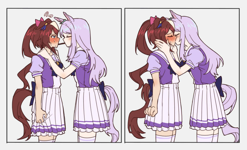 2girls absurdres animal_ears blue_bow blue_bowtie blue_eyes blush bow bowtie brown_hair closed_eyes crossed_arms dumd ear_bow ear_ornament ears_down food food_in_mouth green_bow hands_on_another&#039;s_face hands_on_another&#039;s_shoulders highres horse_ears horse_girl horse_tail kiss long_hair mejiro_mcqueen_(umamusume) multicolored_hair multiple_girls pleated_skirt pocky pocky_day pocky_in_mouth pocky_kiss ponytail puffy_short_sleeves puffy_sleeves purple_hair purple_shirt shared_food shirt short_sleeves skirt streaked_hair summer_uniform tail thighhighs tokai_teio_(umamusume) two_side_up umamusume white_background white_skirt white_thighhighs yuri