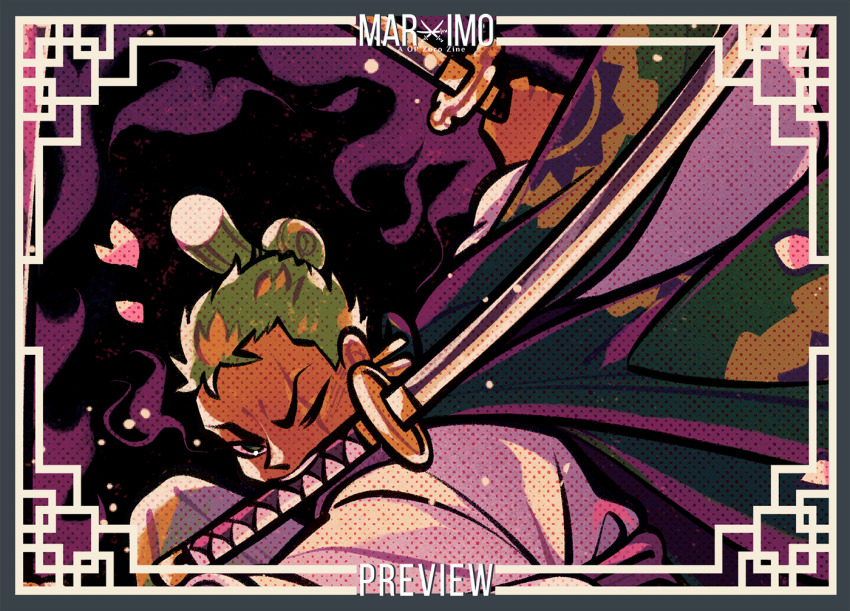 1boy chonmage colored_smoke commentary earrings english_commentary green_hair hellosunnycore holding holding_sword holding_weapon japanese_clothes jewelry kimono kimono_on_shoulders male_focus one_piece pink_petals roronoa_zoro smoke solo sword topknot weapon weapon_in_mouth white_kimono