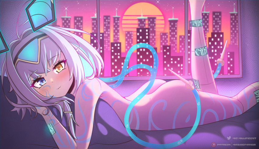 1girl ahoge android animal_ears ass bare_shoulders bed blue_eyes blue_hair blush building circuit_board cityscape closed_mouth come_hither completely_nude fake_animal_ears foot_out_of_frame hair_between_eyes hair_ornament head_on_pillow heterochromia highres indie_virtual_youtuber leg_up looking_at_viewer lying mischiefmiz nude on_bed on_stomach pillow sayu_sincronisity short_hair simple_background sky skyscraper smile solo star_(sky) starry_sky sun sunset tattoo the_pose thighs tube turning_head vaporwave virtual_youtuber visor_cap window yellow_eyes