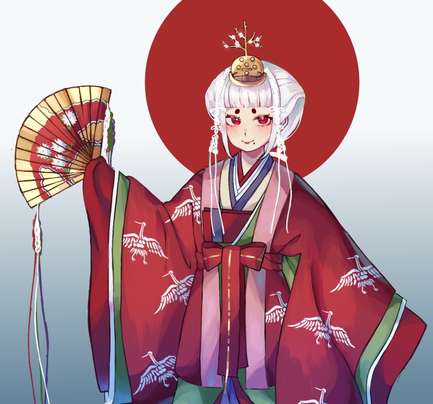 1girl eyeshadow folding_fan hand_fan highres japan_(kuroussa) japanese_clothes japanese_flag kimono kuroussa makeup mole mole_under_mouth original red_eyes red_eyeshadow red_lips short_eyebrows solo white_hair