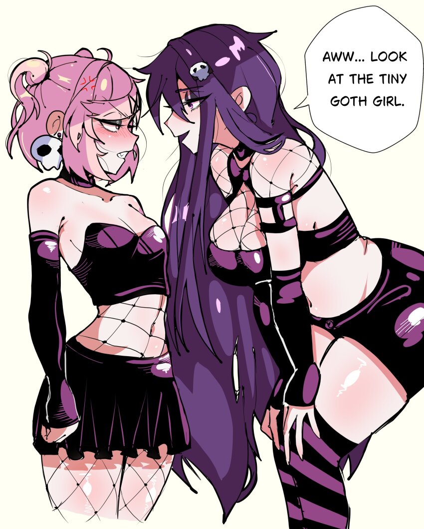 2girls absurdres black_thighhighs bra breasts choker clenched_teeth doki_doki_literature_club eclipxare fishnet_cutout fishnet_pantyhose fishnets highres horizontal-striped_thighhighs large_breasts latex_bra latex_skirt latex_sleeves long_hair looking_at_another medium_breasts midriff multiple_girls natsuki_(doki_doki_literature_club) open_mouth pantyhose pink_hair purple_bra purple_choker purple_hair purple_skirt purple_sleeves purple_thighhighs short_hair skirt teeth thighhighs two-tone_thighhighs underwear yuri yuri_(doki_doki_literature_club)