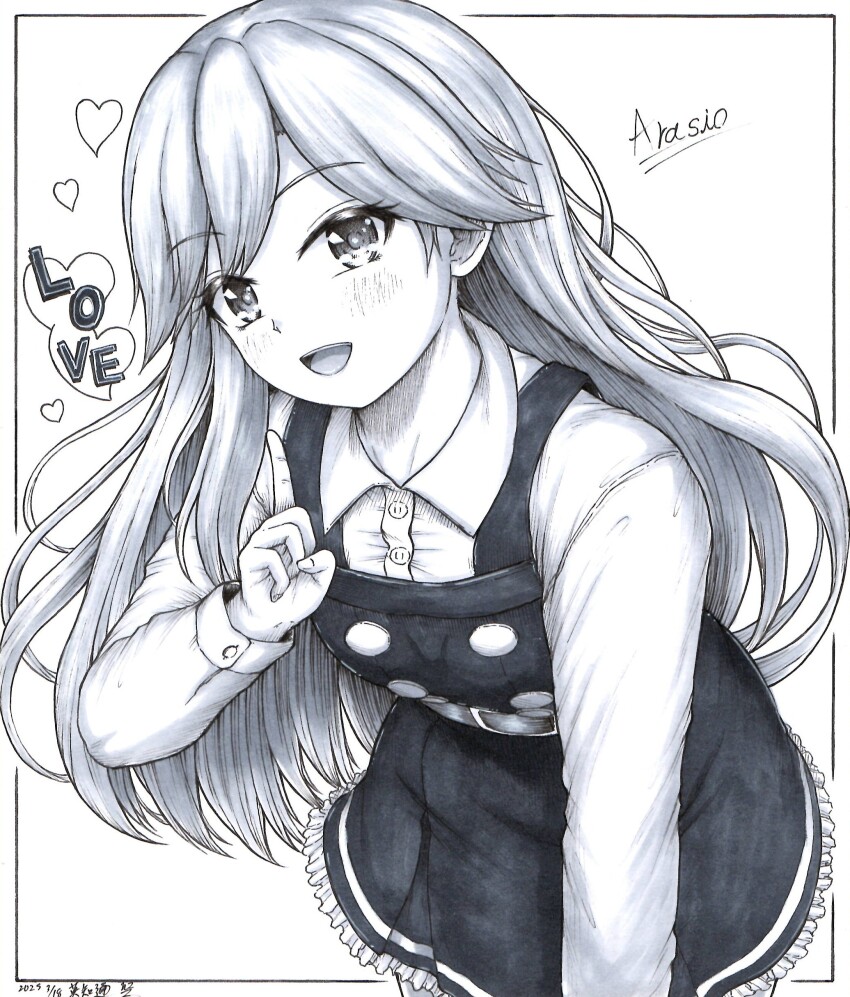 1girl absurdres arashio_(kancolle) arashio_kai_ni_(kancolle) belt blush character_name dated dress greyscale h2_(h20000000) highres kantai_collection long_hair long_sleeves looking_at_viewer monochrome open_mouth pinafore_dress school_uniform shirt sleeveless sleeveless_dress smile solo
