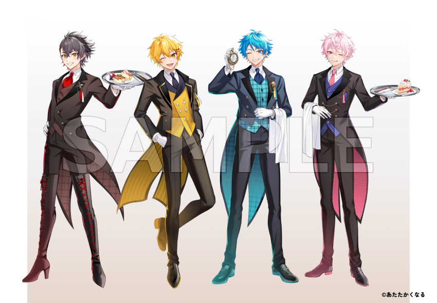 4boys ;d ;q antenna_hair aqua_coat aqua_vest atatakakunaru ayane_leon black_coat black_footwear black_hair black_necktie black_pants black_suit blue_eyes blue_hair blue_necktie blue_vest blueberry boots border brown_coat brown_vest butler buttons cake cake_slice closed_mouth coat collared_shirt colored_shoe_soles copyright_notice cross crossed_bangs double-breasted dress_shoes food fork formal_clothes fruit full_body gauze gauze_on_cheek gloves gradient_background grin hair_between_eyes hair_ornament hairclip hand_on_own_hip hand_up hands_in_pockets high_heel_boots high_heels highres holding holding_tray lace-up_boots lapel_pin lapels light_blush lineup long_sleeves looking_at_viewer male_focus medium_hair minagi_jiyou miz_(mi) monk_shoes multiple_boys necktie notched_lapels official_art one_eye_closed open_clothes open_coat open_mouth orange_eyes outstretched_arm pancake pants patterned_clothing pillarboxed pink_coat pink_eyes pink_hair pink_necktie plaid_clothes plaid_vest pocket_watch polka_dot polka_dot_vest ponytail sample_watermark shawl_lapels shinomiya_iori shirt short_hair short_ponytail side_part smile souffle_pancake standing strawberry strawberry_shortcake suit sweets_paradise swept_bangs tailcoat takao_shinji thigh_boots tongue tongue_out towel towel_on_arm tray two-sided_coat two-sided_fabric vest virtual_youtuber watch watermark white_background white_border white_gloves white_shirt yellow_coat yellow_eyes yellow_vest