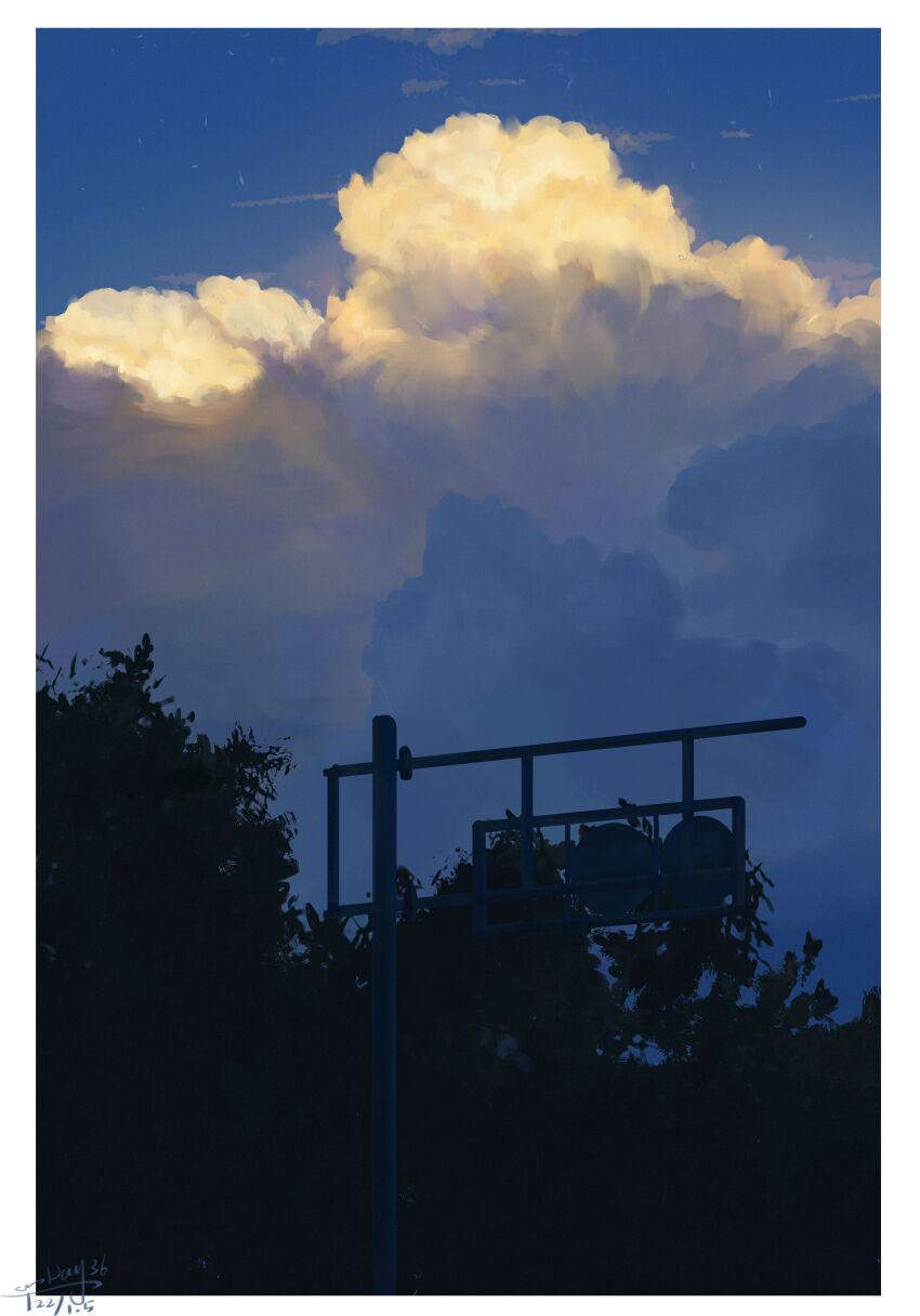 absurdres blue_sky border chinese_commentary cloud commentary_request dated day highres no_humans original outdoors sanshui_guantang scenery signature sky traffic_light tree white_border