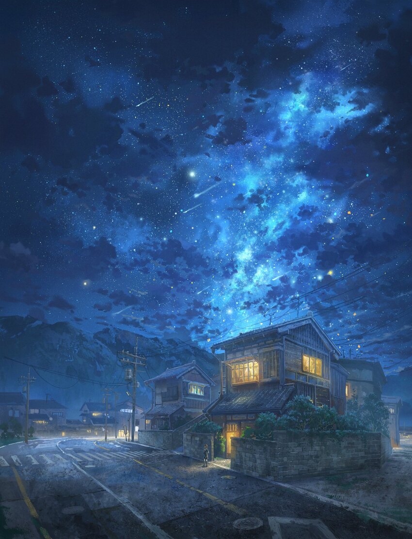 1girl cloud cloudy_sky commentary crosswalk cyclecircle english_commentary highres house manhole_cover meteor_shower milky_way mountain night night_sky original outdoors power_lines road scenery sky solo star_(sky) starry_sky tile_roof town tree utility_pole very_wide_shot