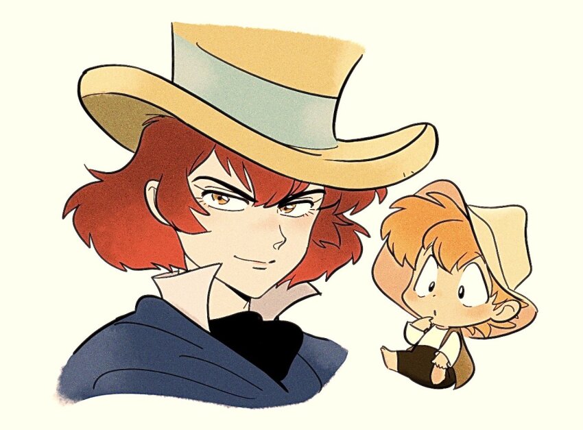 2boys ascot black_ascot blue_cape br&#039;er_fox_(disney) brown_eyes brown_hat brown_pants brown_vest cape chibi finger_to_mouth hat honest_john_(disney) humanization male_focus multiple_boys orange_hair pants parody parted_lips pinocchio_(disney_movie) red_hair shirt short_hair smile song_of_the_south style_parody top_hat uochandayo vest white_background white_shirt