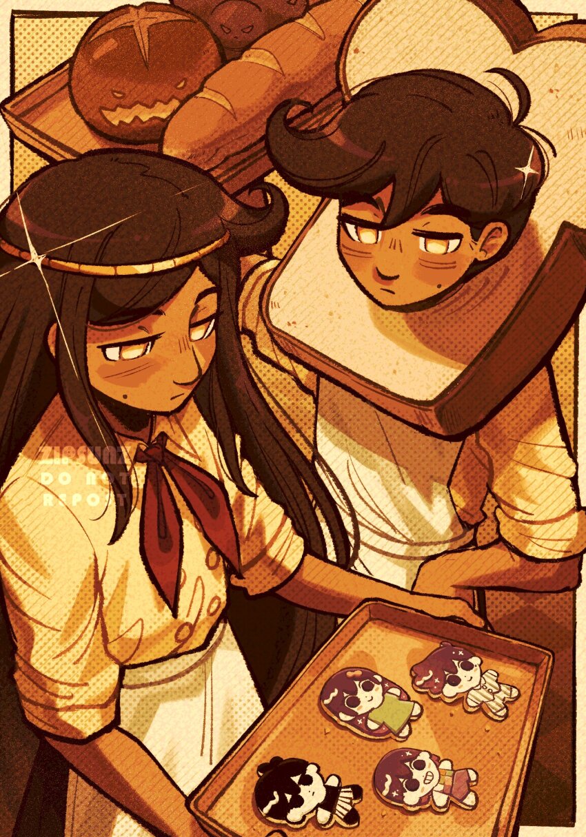 1boy 1girl antenna_hair apron artist_name aubrey_(headspace)_(omori) aubrey_(omori) baguette biscuit_(omori) border bread brother_and_sister brown_hair brown_skirt brown_theme character-themed_food closed_mouth commentary cookie cowboy_shot cowlick dark-skinned_female dark-skinned_male dark_skin double-parted_bangs doughie_(omori) english_commentary expressionless film_grain food from_above frown hair_between_eyes halftone hand_on_own_hip hero_(headspace)_(omori) hero_(omori) highres holding holding_tray jitome kel_(headspace)_(omori) kel_(omori) long_hair looking_at_food mole mole_under_mouth neckerchief no_pupils omori omori_(omori) outside_border parted_bangs polka_dot polka_dot_background red_neckerchief shirt short_hair short_sleeves siblings sidelocks simple_background skirt sparkle standing tray twins very_long_hair very_short_hair waist_apron watermark white_apron yellow_background yellow_border yellow_eyes yellow_shirt zipsunz