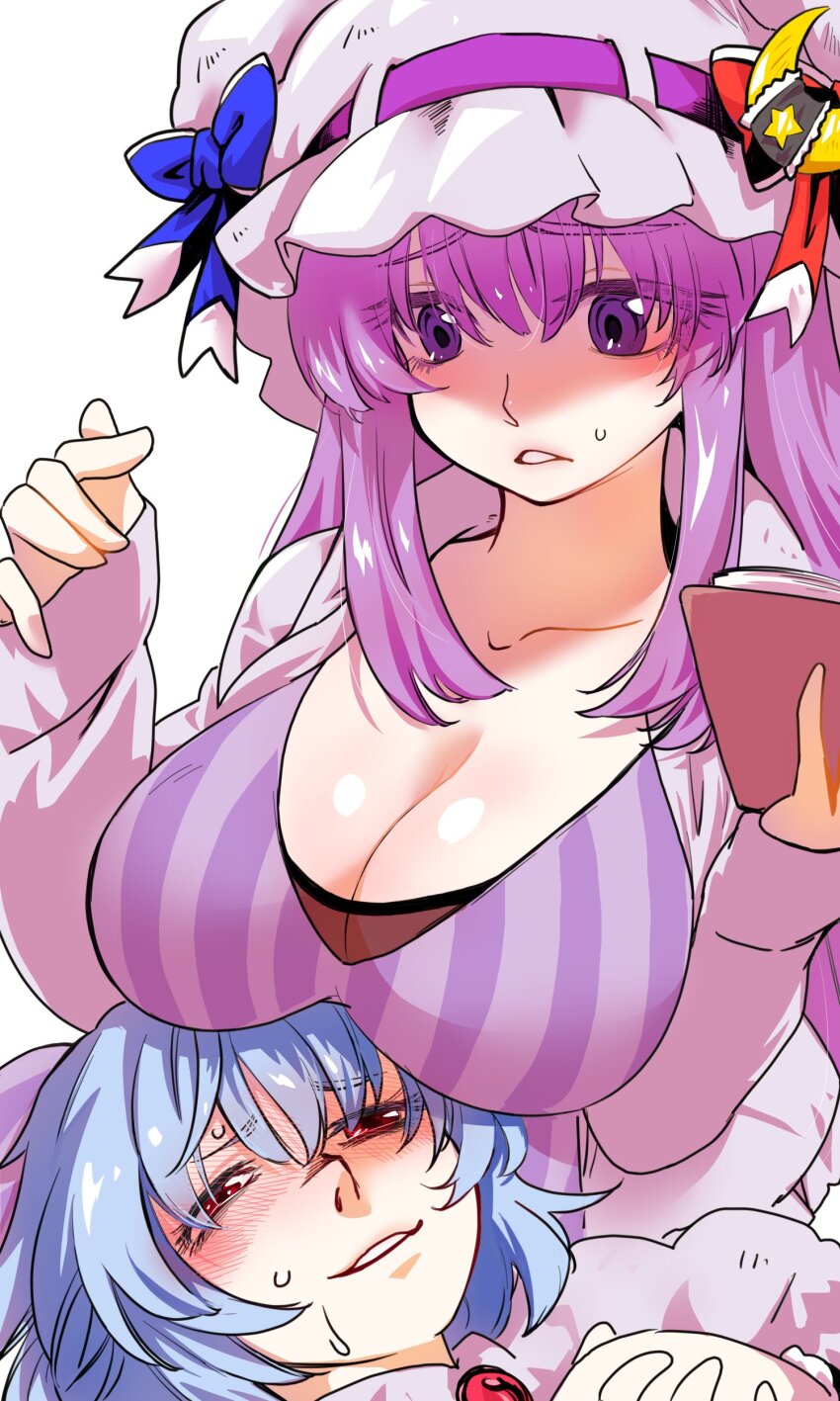 2girls absurdres blue_bow blue_hair blush bow breasts cleavage commentary_request crescent crescent_hat_ornament dress flustered hat hat_bow hat_ornament highres lap_pillow large_breasts long_hair mob_cap multiple_girls nunnun_(shunka_shuutou) parted_lips patchouli_knowledge purple_eyes purple_hair red_bow red_eyes remilia_scarlet robe shaded_face short_hair simple_background star_(symbol) striped_clothes striped_dress sweat sweatdrop touhou vertical-striped_clothes vertical-striped_dress white_background