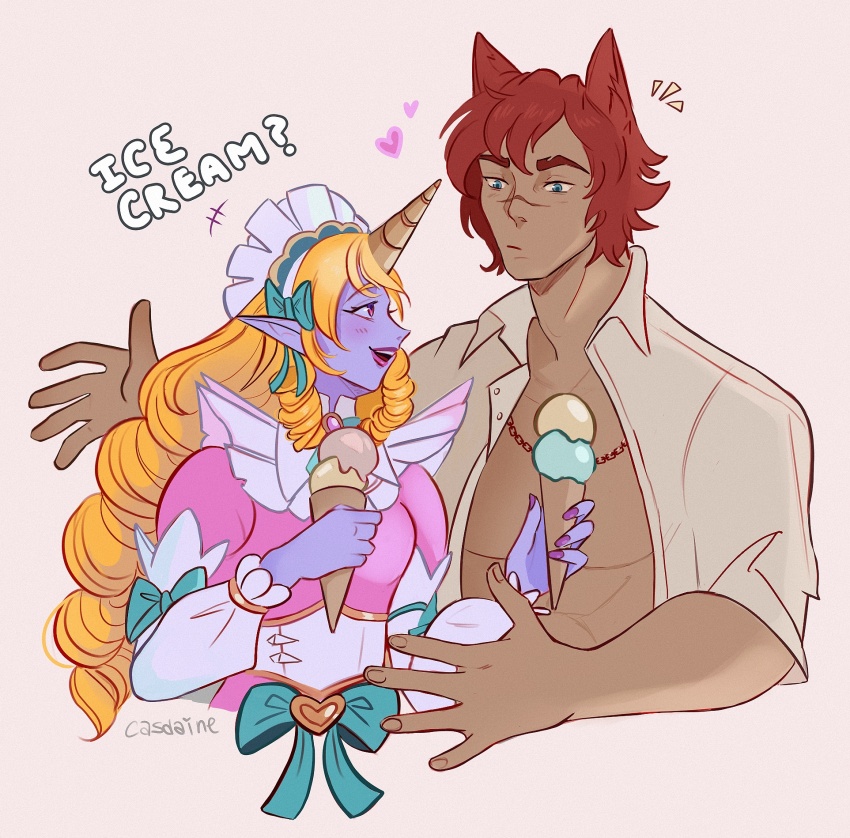 1boy 1girl :d blonde_hair blush cafe_cuties_soraka casdainee collarbone colored_skin dress food heart highres holding holding_food holding_ice_cream_cone ice_cream_cone league_of_legends multiple_drills open_clothes open_mouth open_shirt pink_dress pink_skin red_hair sett_(league_of_legends) short_hair simple_background smile soraka_(league_of_legends) white_background