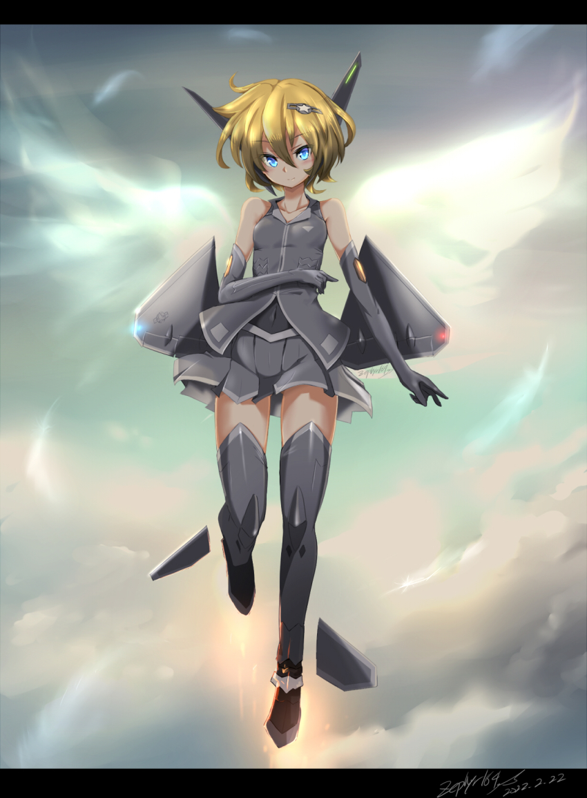 1girl 1other angel_wings bare_shoulders blonde_hair breasts closed_mouth cloud cloudy_sky commentary_request covered_navel detached_sleeves f-22_raptor highres letterboxed lockheed_martin looking_at_viewer mecha navel original personification robot science_fiction sky small_breasts solo thrusters wings zephyr164