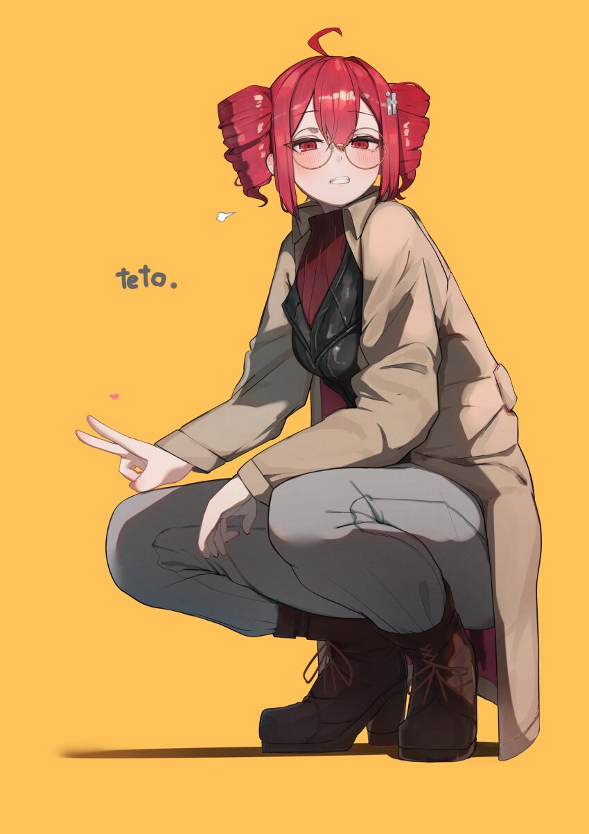 1girl absurdres ahoge alternate_costume arm_rest black_jacket blush boots breasts brown_coat character_name clenched_teeth coat denim drill_hair glasses grey_pants hair_between_eyes highres jacket jeans kasane_teto lace-up_boots looking_at_viewer masini-mashini615 medium_breasts pants parted_bangs red_eyes red_hair red_sweater round_eyewear simple_background solo squatting sweater teeth torn_footwear twin_drills utau v yellow_background