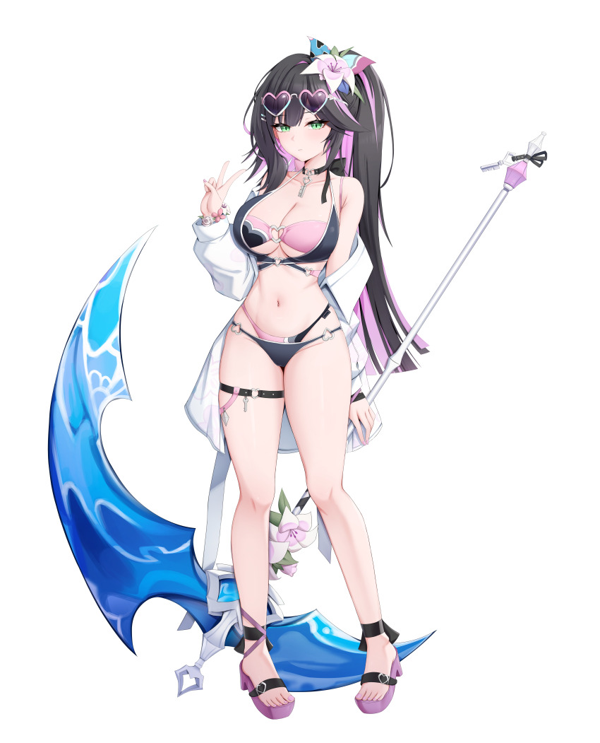 1girl abigail_(black_survival) absurdres arm_behind_back bare_shoulders barefoot bikini black_bikini black_choker black_hair black_survival breasts choker cleavage closed_mouth collarbone colored_inner_hair commentary_request eternal_return:_black_survival expressionless flower full_body green_eyes hair_between_eyes hair_flower hair_ornament halterneck hand_up heart heart_o-ring highres holding holding_scythe holding_weapon jacket key key_choker kisa_(leg3043) korean_commentary large_breasts layered_bikini legs long_hair long_sleeves looking_at_viewer multicolored_hair o-ring o-ring_bikini off_shoulder official_alternate_costume pink_bikini pink_hair platform_sandals ponytail purple_sandals sandals scythe simple_background solo standing swept_bangs swimsuit thigh_strap thighs toes v very_long_hair weapon white_background white_flower white_jacket