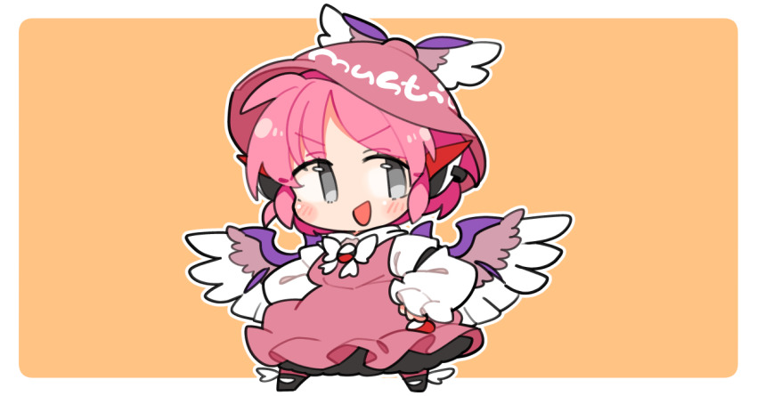 1girl :d animal_ear_piercing animal_ears bird_ears bird_wings black_shoes blush border brown_dress brown_hat brown_socks chibi chibi_only commentary_request dress earrings full_body grey_eyes hands_on_own_hips hat ini_(inunabe00) jewelry long_sleeves looking_at_viewer mystia_lorelei open_mouth orange_background outline outside_border pink_hair shirt shoes short_hair simple_background single_earring smile socks solo standing touhou v-shaped_eyebrows white_border white_outline white_shirt winged_hat winged_shoes wings