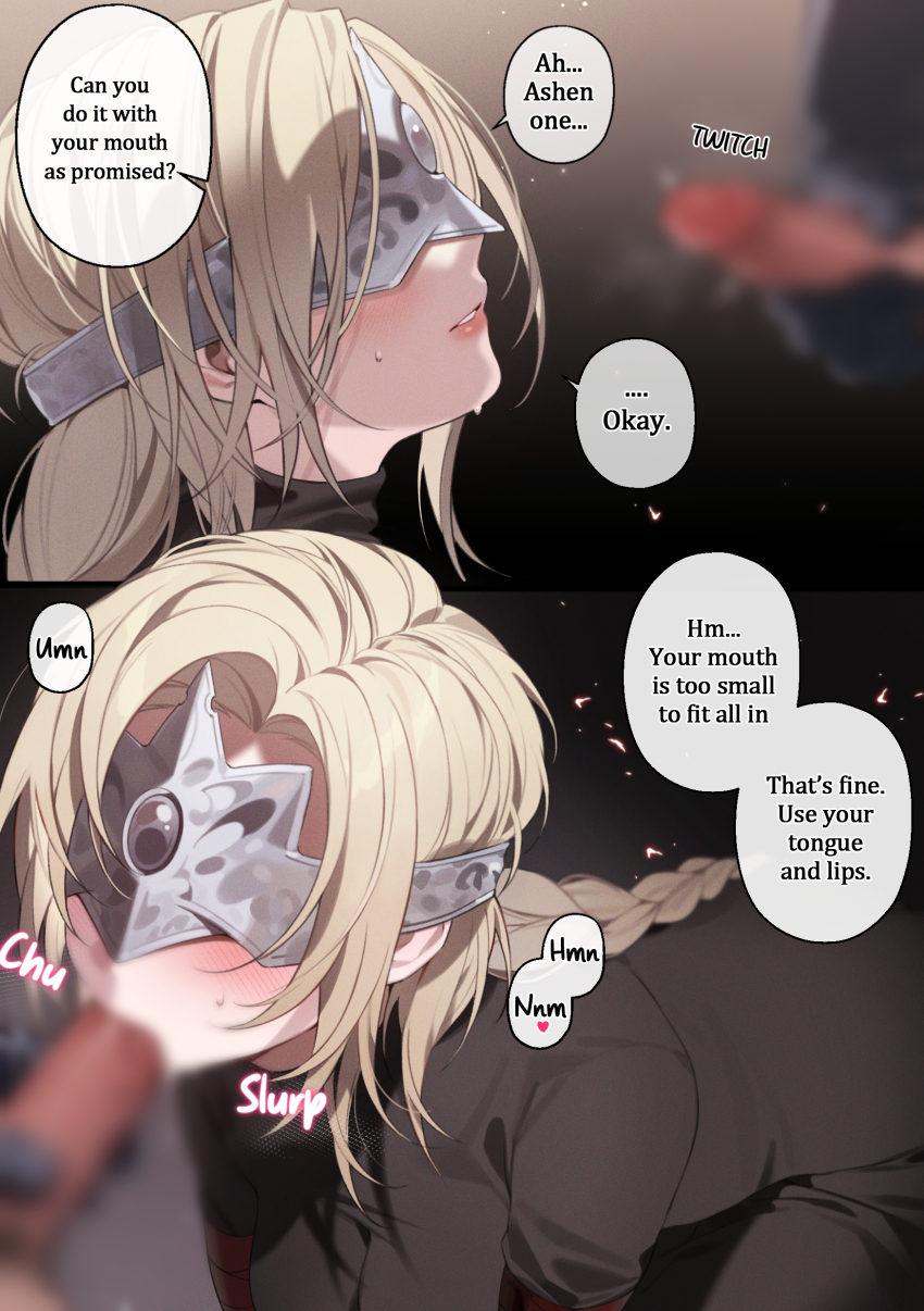 1boy 1girl absurdres all_fours ashen_one_(dark_souls) bechu black_background black_dress blonde_hair blur_censor blush braid braided_ponytail breasts censored comic commentary_request covered_eyes dark_souls_(series) dark_souls_iii dress english_text eye_mask fellatio fire_keeper gradient_background hetero highres korean_commentary large_breasts oral paid_reward_available parted_bangs parted_lips sidelocks sound_effects speech_bubble sweatdrop upper_body