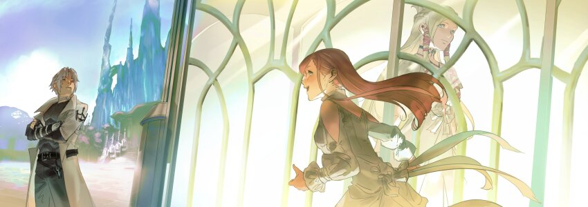 1boy 2girls absurdres back_bow belt black_belt black_pants blonde_hair body_armor bow cloud cloudy_sky coat commentary crystarium_(ff14) dress final_fantasy final_fantasy_xiv fingerless_gloves from_side gloves hair_ribbon highres looking_at_another minfilia_warde multiple_girls open_mouth orange_hair outdoors pants pink_ribbon ribbon running ryne_waters satisfied sky smile sona_(mmediocreman) stained_glass thancred_waters tower upper_body white_coat white_dress