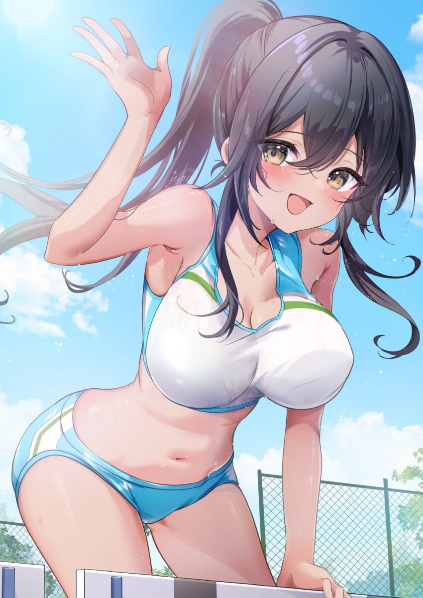 1girl absurdres black_hair blue_buruma blue_sky breasts buruma cleavage highres sky track_and_field track_and_field_uniform