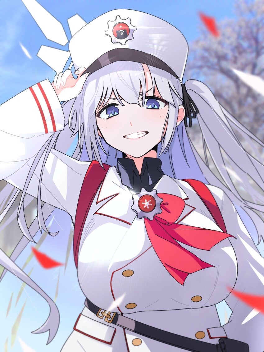 1girl aged_up blue_archive blurry blurry_background buttons cherino_(blue_archive) coat collared_jacket collared_shirt double-breasted halo hand_on_own_hat hat highres jacket long_hair looking_at_viewer military_uniform red_winter_federal_academy_logo shako_cap shirt smile solo two_side_up upper_body uumi_hinata white_background white_coat