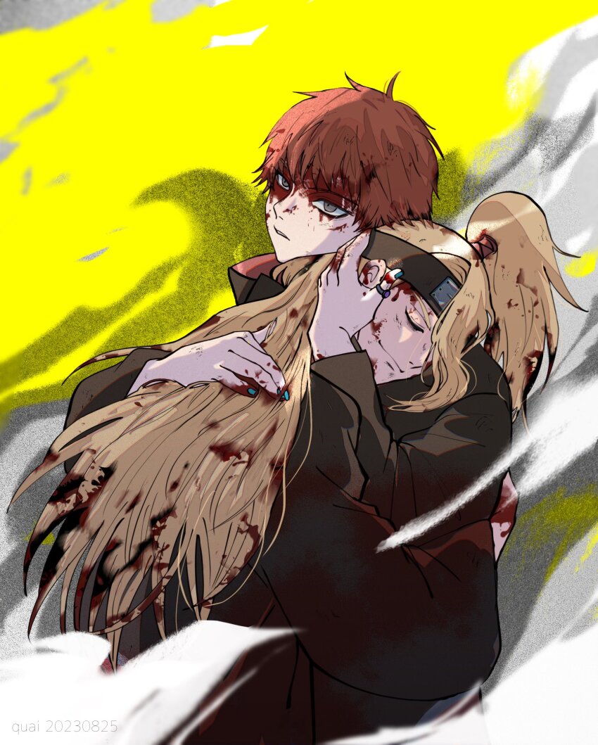 2boys akatsuki_uniform asymmetrical_bangs blonde_hair blood blood_on_clothes blood_on_face closed_eyes closed_mouth deidara_(naruto) dying forehead_protector green_nails grey_eyes hair_over_one_eye high_ponytail highres hug implied_yaoi injury jewelry long_hair looking_at_viewer male_focus miomu4 multiple_boys naruto_(series) naruto_shippuuden parted_lips ponytail red_hair ring robe sasori_(naruto) short_hair smile smoke