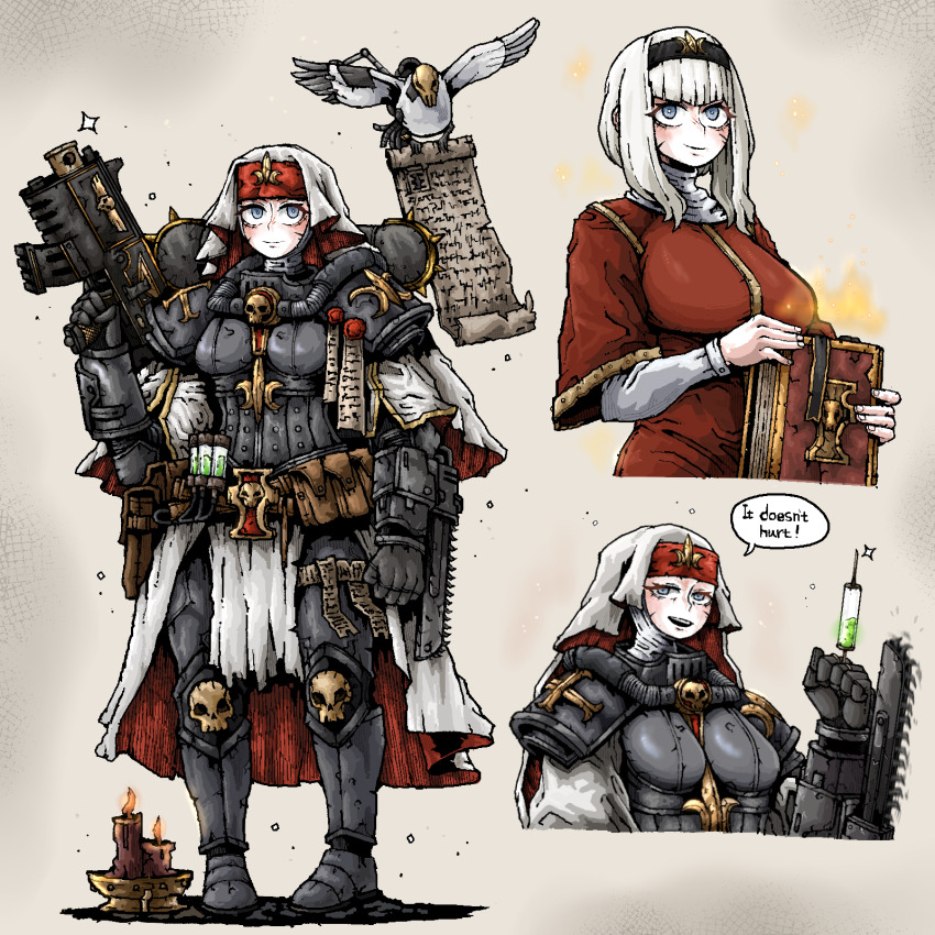 1girl adepta_sororitas armor bird bolter book breasts candle chainsaw chainsword cropped_torso english_text grey_eyes habit highres large_breasts multiple_views nun octosoup pigeon power_armor purity_seal robe scroll skirt skull solo syringe vial warhammer_40k weapon white_hair