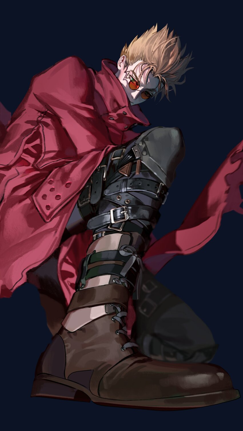 1boy absurdres belt belt_buckle blonde_hair blue_background blue_eyes buckle closed_mouth coat collared_coat commentary dress_shoes eyes_visible_through_eyewear hashtag-only_commentary highres knee_pads kneeling leg_belt looking_down male_focus mong_tg multiple_belts popped_collar red-tinted_eyewear red_coat rimless_eyewear round_eyewear shoelaces simple_background solo spiked_hair tinted_eyewear trigun trigun_maximum vash_the_stampede