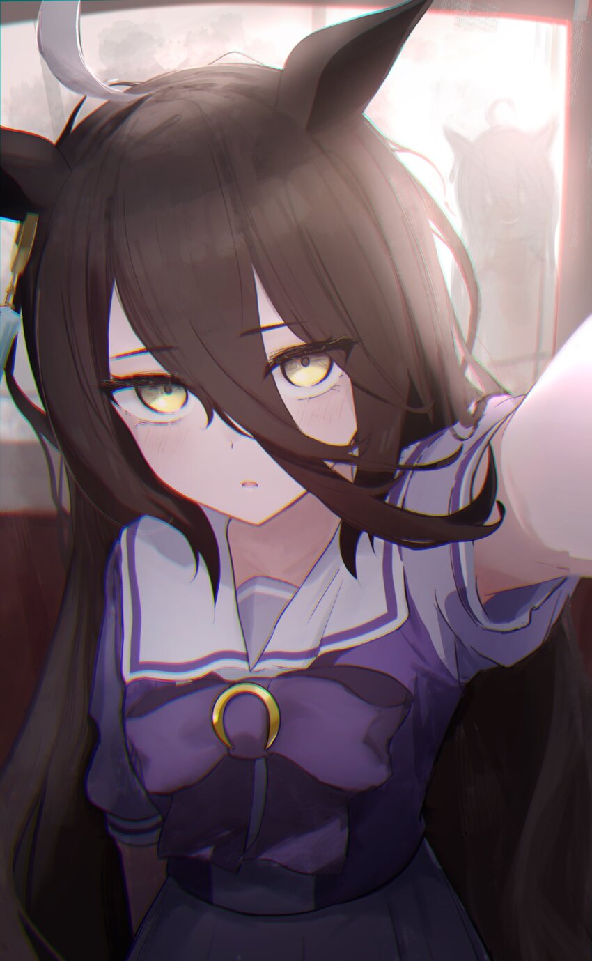 2girls animal_ears arm_up black_hair blush bow bowtie ear_tag earrings embarrassed hair_between_eyes highres horror_(theme) horse_ears horse_girl jewelry kabedon_on_viewer l_kirschblute long_bangs long_hair long_hair_between_eyes looking_at_viewer manhattan_cafe_(umamusume) multiple_girls parted_lips pleated_skirt pov puffy_short_sleeves puffy_sleeves purple_bow purple_bowtie purple_sailor_collar purple_shirt purple_skirt sailor_collar school_uniform shirt shirt_tucked_in short_sleeves single_earring skirt solo solo_focus super_saiyan super_saiyan_rose tracen_school_uniform umamusume very_long_hair white_hair yellow_eyes