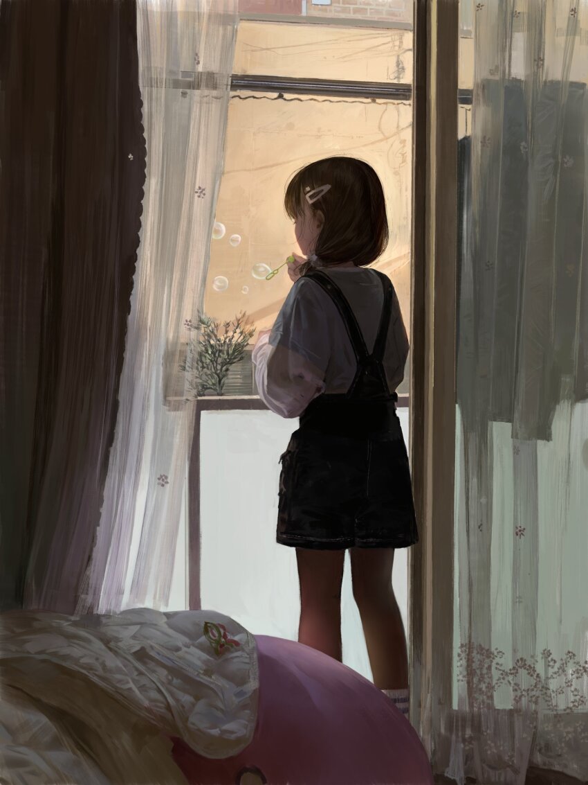 1girl ankle_socks backlighting balcony blowing_bubbles blue_overalls bob_cut bow bow_panties commentary curtains from_behind highres indoors long_sleeves original overalls panties puffy_long_sleeves puffy_sleeves shiratsuyu_mone short_hair soap_bubbles socks solo standing symbol-only_commentary underwear unworn_panties white_panties