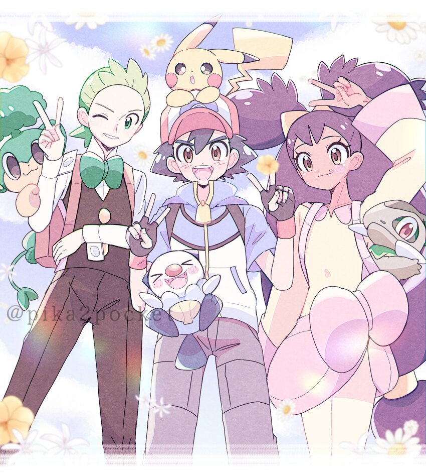 1girl 2boys ash_ketchum axew backpack bag black_hair bow bowtie brown_eyes cilan_(pokemon) commentary creatures_(company) fingerless_gloves game_freak gen_1_pokemon gen_5_pokemon gloves green_eyes green_hair highres iris_(pokemon) long_hair multiple_boys nintendo one_eye_closed oshawott pansage pants pika2pocket pikachu pokemon pokemon_(anime) pokemon_(creature) pokemon_bw_(anime) ponytail purple_hair red_eyes standing symbol-only_commentary tongue tongue_out twintails v very_long_hair vest zipper