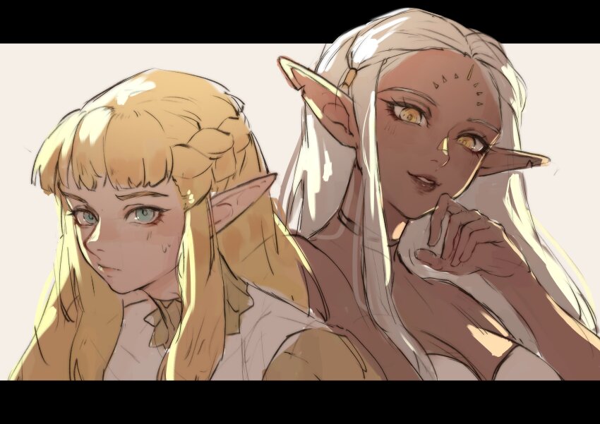 2girls absurdres blonde_hair blue_eyes braid breasts choker cithis cleavage dark-skinned_female dark_elf dark_skin dungeon_meshi elf facial_mark forehead_mark gorget grey_hair hair_tubes half_updo highres lipstick long_hair makeup multiple_girls notched_ear pattadol pluvioseprince pointy_ears simple_background smile strapless sweatdrop yellow_eyes
