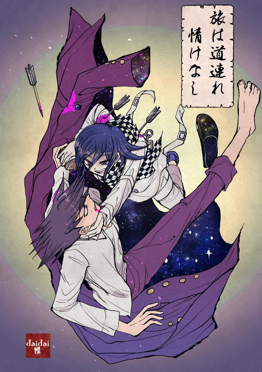 2boys absurdres arm_belt arrow_(projectile) arrow_in_body barefoot blood blood_from_mouth blood_stain buttons check_commentary checkered_clothes checkered_scarf commentary_request dai_na danganronpa_(series) danganronpa_v3:_killing_harmony facial_hair falling flipped_hair goatee hair_between_eyes hand_around_neck highres injury jacket long_sleeves male_focus momota_kaito multiple_boys oma_kokichi open_mouth pale_skin pants print_shirt purple_eyes purple_hair purple_jacket purple_pants scarf shirt short_hair simple_background space_print spiked_hair spoilers starry_sky_print teeth thigh_strap translation_request two-tone_scarf