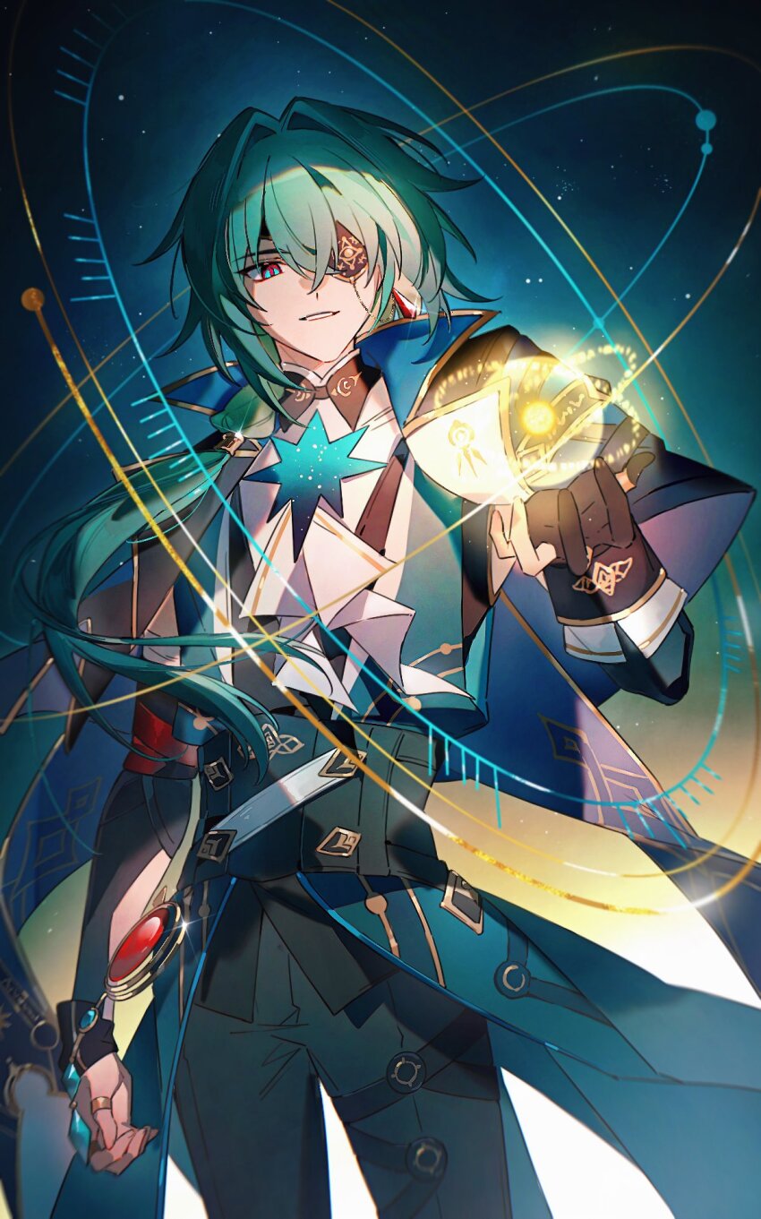 1boy anaxa_(honkai:_star_rail) aqua_hair black_pants blue_eyes cowboy_shot eyepatch gloves grin highres honkai_(series) male_focus one_eye_covered osamu18568716 pants partially_fingerless_gloves smile solo standing teeth