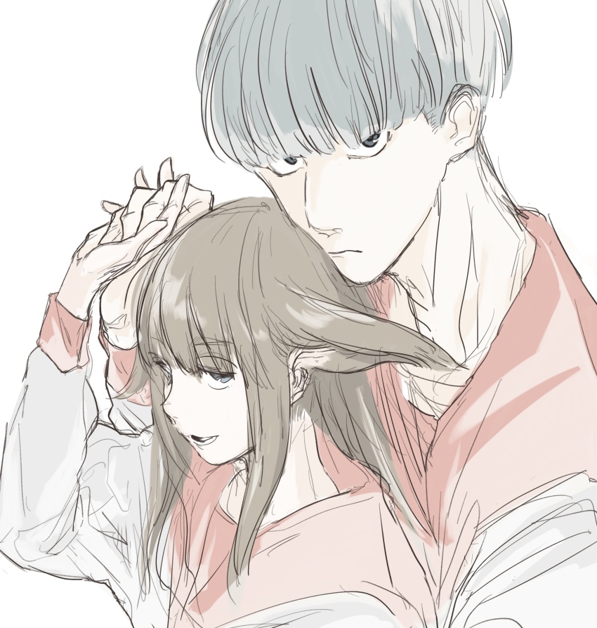 1boy 1girl absurdres bowl_cut couple face_in_hair grey_hair highres holding_hands hug hug_from_behind long_hair looking_at_viewer mimihime_(tengoku_daimakyou) shiro_(tengoku_daimakyou) short_hair takahara_academy_school_uniform tengoku_daimakyou tori_(taneco37) very_long_ears white_background