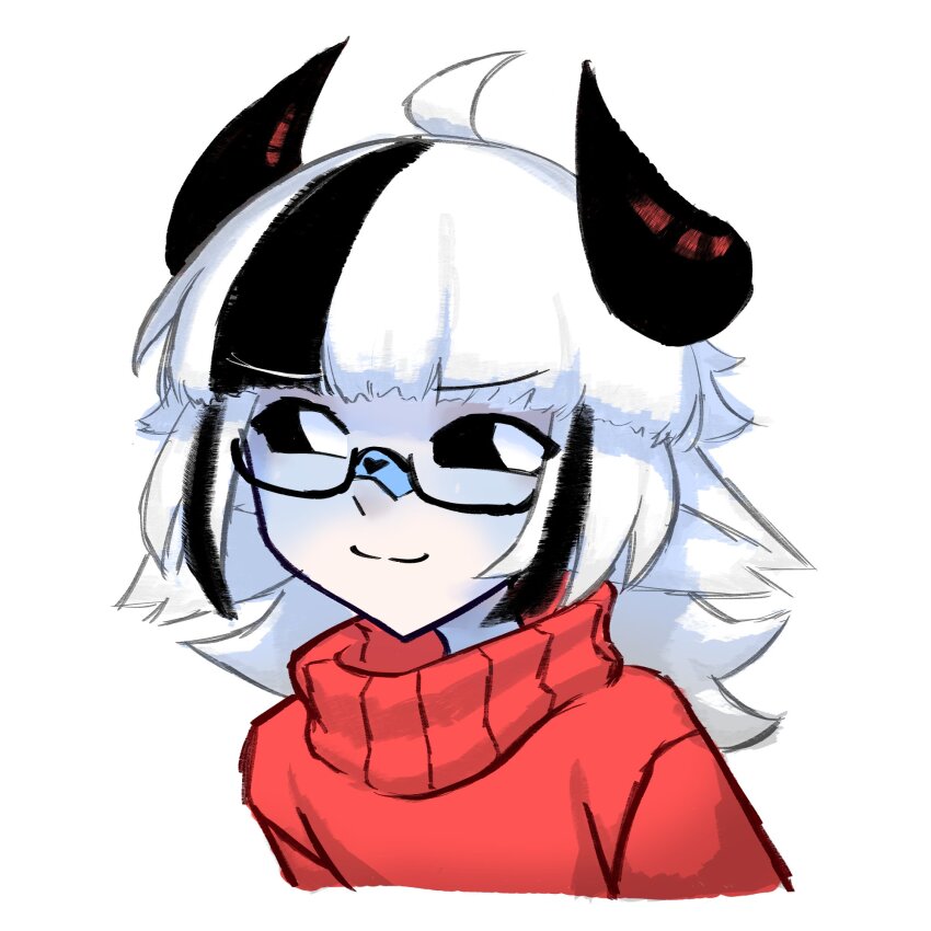 1boy 1girl ahoge alternate_costume alternate_hairstyle bandaid bandaid_on_face bandaid_on_nose black-framed_eyewear black_hair black_sclera blue_bandaid colored_sclera demon_girl demon_horns furrowed_brow glasses highres horns light_blush looking_to_the_side m8n8xide medium_hair multicolored_hair original pale_skin red_sweater semi-rimless_eyewear smile smug solo streaked_hair sweater white_hair