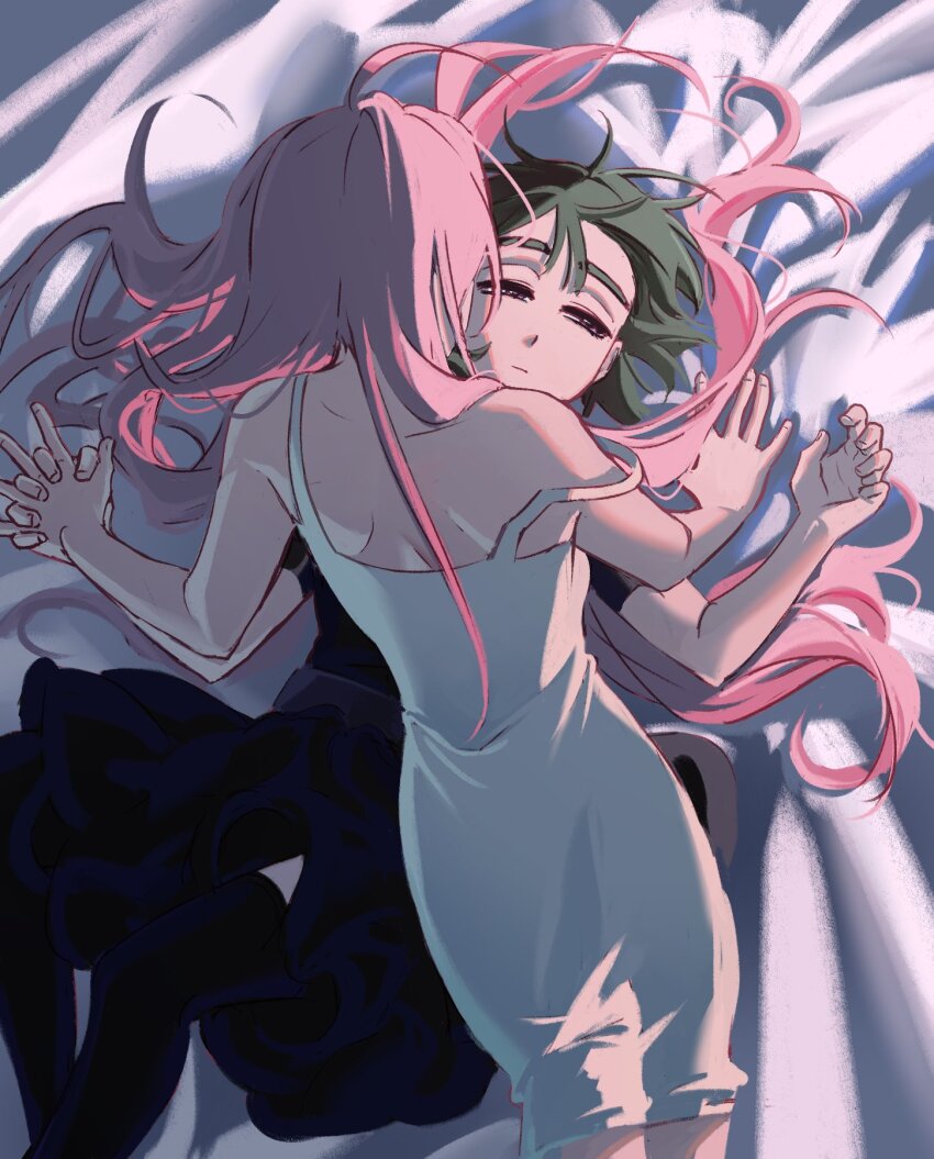 2girls alien_stage black_dress black_hair closed_mouth commentary dress english_commentary expressionless from_above highres holding_hands interlocked_fingers kuradrawings long_hair looking_at_another mizi_(alien_stage) multiple_girls pink_hair purple_eyes short_hair strap_slip sua_(alien_stage) white_dress yuri