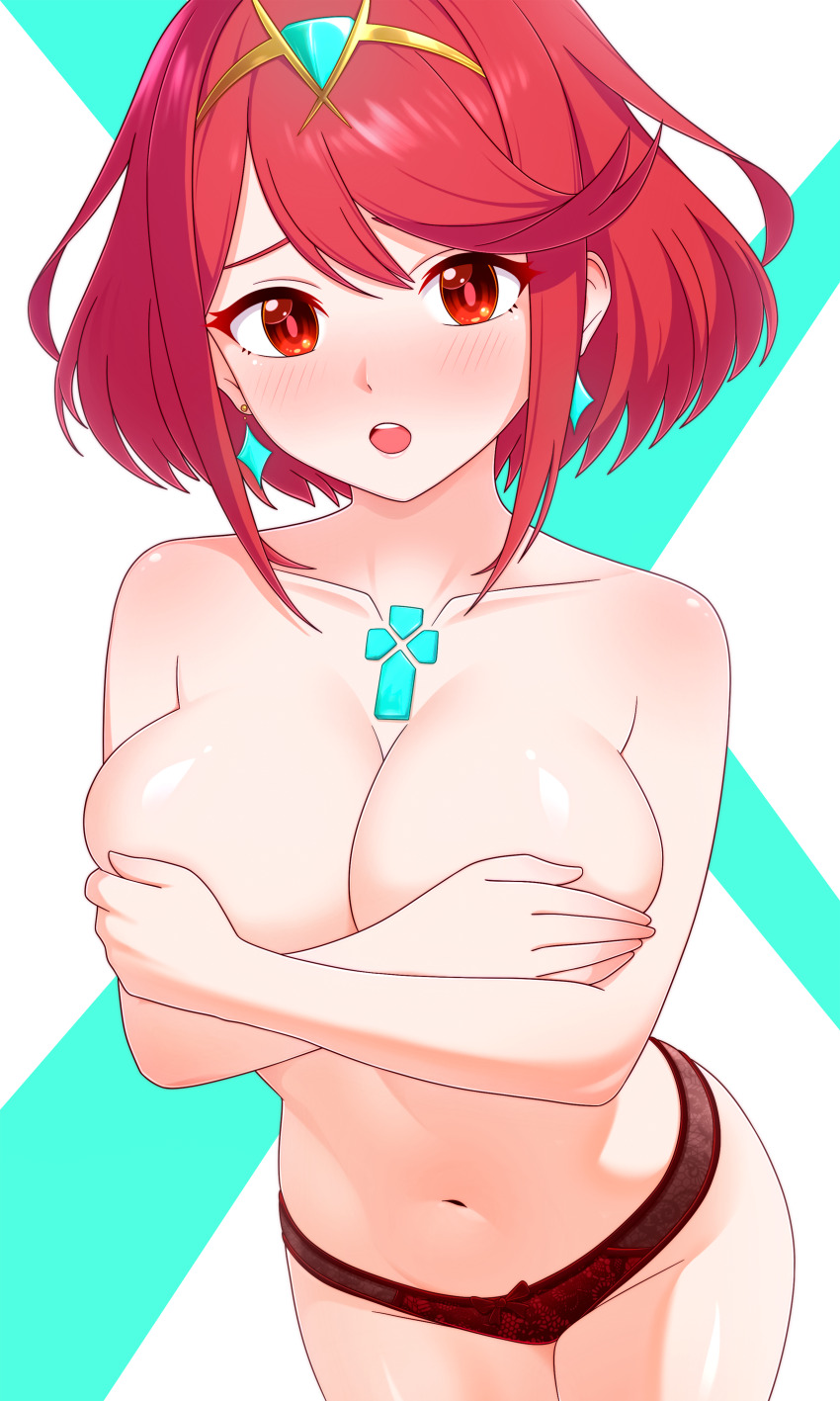 1girl :o absurdres breasts core_crystal_(xenoblade) covering_breasts covering_privates dullahan_(alekey_art) earrings highres jewelry large_breasts light_blush looking_at_viewer navel open_mouth panties pyra_(xenoblade) red_eyes red_hair solo tiara topless_female underwear xenoblade_chronicles_(series) xenoblade_chronicles_2