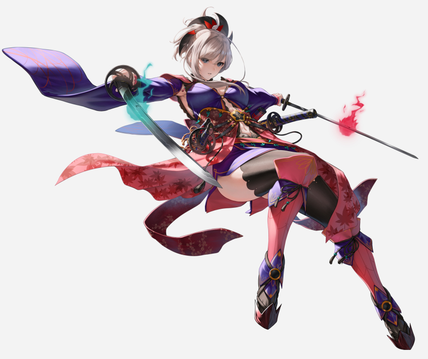 1girl armpits asymmetrical_hair blue_eyes breasts clothing_cutout commentary_request dual_wielding fate/grand_order fate_(series) fire flaming_sword flaming_weapon folded_ponytail full_body grey_hair hair_ornament highres holding holding_sword holding_weapon japanese_clothes katana kimono large_breasts leaf_print maple_leaf_print miyamoto_musashi_(fate) miyamoto_musashi_(third_ascension)_(fate) mugetsu2501 multiple_swords navel_cutout obi ponytail purple_kimono sandals sash short_kimono single_sidelock sleeveless sleeveless_kimono solo swept_bangs sword thighhighs weapon white_background