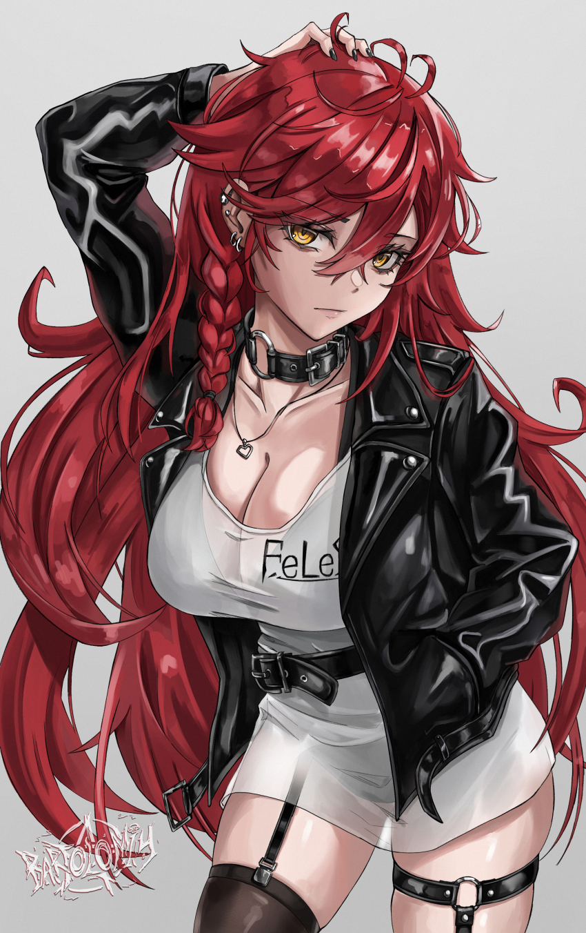 1girl absurdres aki_(maenoo) arm_up artist_logo artist_name bartolomiy belt black_belt black_bra black_choker black_jacket black_nails black_panties black_scrunchie black_straps black_thighhighs borrowed_character bra bra_visible_through_clothes braid breasts choker cleavage closed_mouth collarbone commentary dress ear_piercing earrings english_commentary eyelashes goth_fashion grey_background hair_between_eyes hand_in_pocket hand_on_own_head heart heart_necklace highres jacket jewelry large_breasts leather leather_jacket logo long_hair looking_at_viewer multiple_thigh_straps necklace o-ring o-ring_choker open_clothes open_jacket original panties panties_visible_through_clothes piercing print_dress red_hair scrunchie simple_background single_braid single_thighhigh skindentation solo thighhighs thighs underwear very_long_hair white_dress yellow_eyes