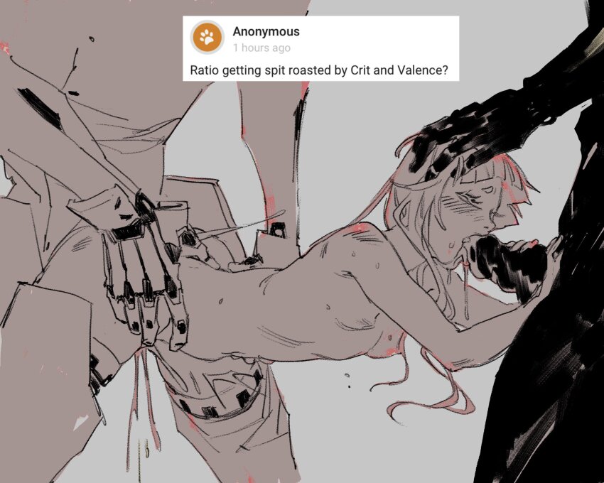 1girl 2boys bent_over blush breasts closed_eyes completely_nude criticality_(robots_&amp;_lace) cum cum_in_mouth cum_overflow english_text fellatio hand_on_another&#039;s_head headpat height_difference highres humanoid_robot large_penis long_hair multiple_boys nipples nude open_mouth oral penis penis_grab prosthesis prosthetic_leg ratio_(robots_&amp;_lace) robot robots_&amp;_lace sarah_stone sex sex_from_behind small_breasts spitroast torso_grab valence_(robots_&amp;_lace)