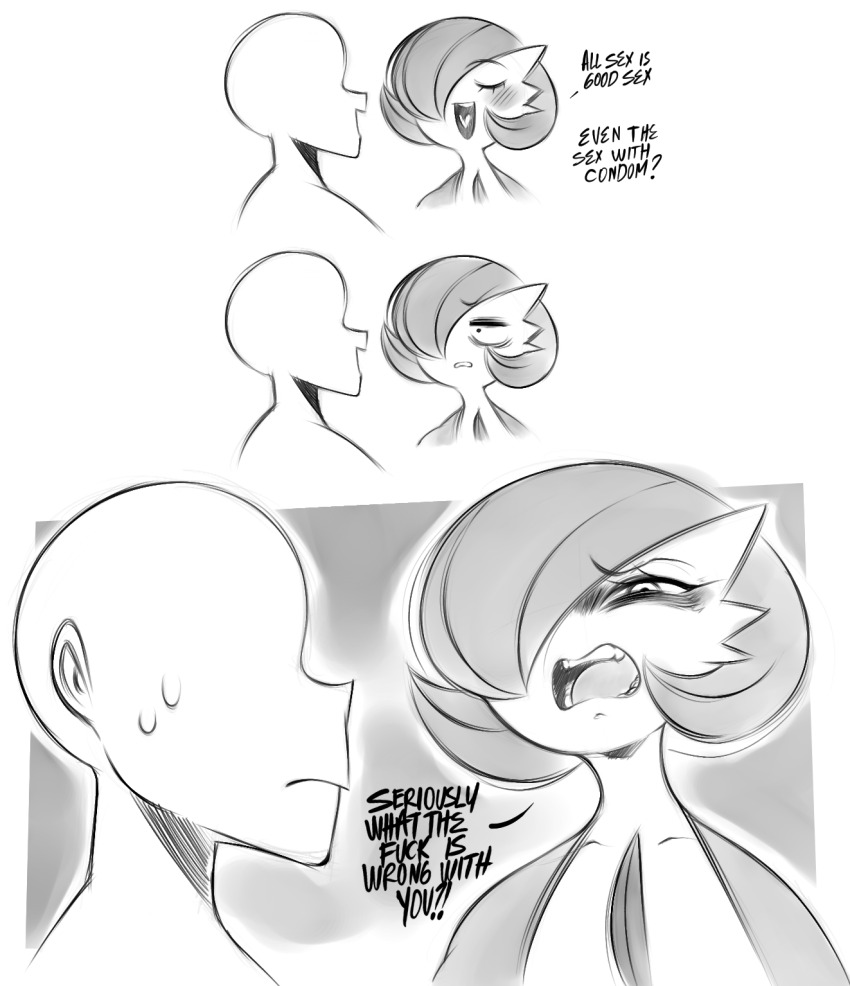 1boy 1girl bags_under_eyes bald blush bob_cut closed_eyes collarbone constricted_pupils creatures_(company) disgust english_text faceless faceless_male furrowed_brow game_freak gardevoir gen_3_pokemon greyscale hair_over_one_eye happy heart heart_in_mouth highres looking_at_another monochrome multiple_views nintendo one_eye_covered open_mouth outline pokemon pokemon_(creature) profanity profile raised_eyebrows saltyxodium short_hair sketch smile sweat talking teeth tongue u_u white_outline