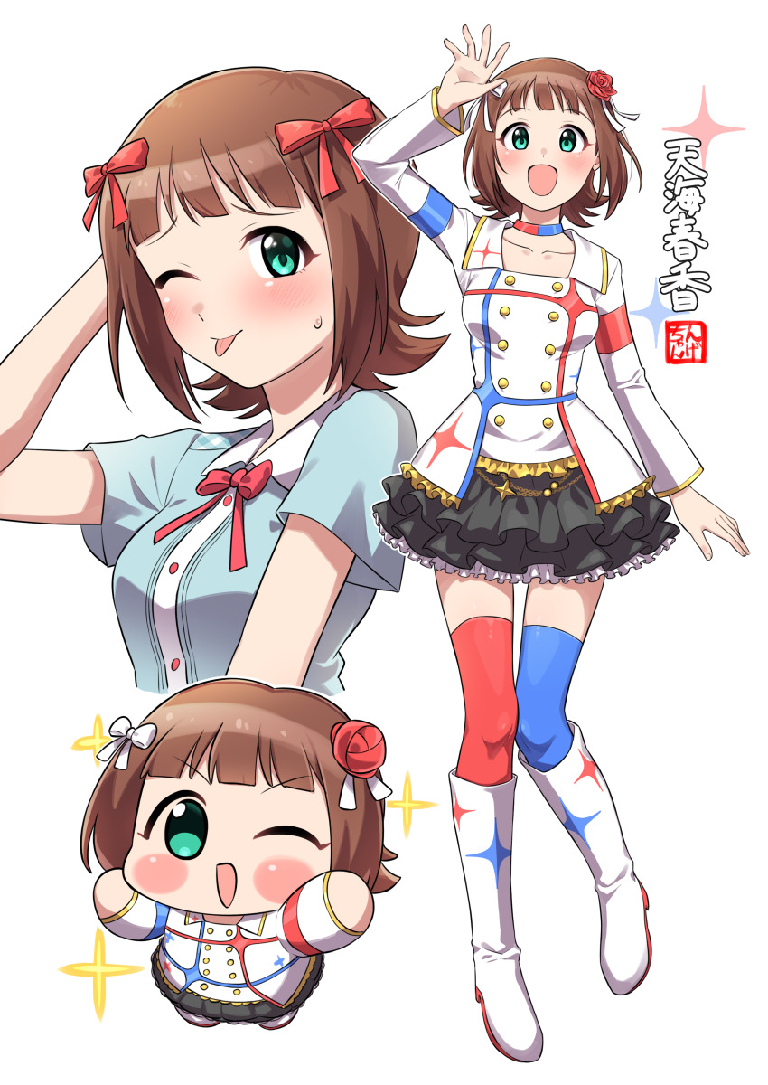 1girl :d :p absurdres amami_haruka arm_behind_head arm_up asymmetrical_legwear black_skirt blue_choker blue_thighhighs blush boots bow brown_hair character_name chibi choker collarbone cropped_torso flower frilled_skirt frills full_body green_eyes hair_bow hair_flower hair_ornament highres idolmaster idolmaster_(classic) idolmaster_million_live! idolmaster_million_live!_theater_days idolmaster_movie long_sleeves looking_at_viewer mismatched_legwear mismatched_thighhighs multiple_views ngetyan one_eye_closed open_mouth print_boots print_shirt red_choker red_flower red_rose red_thighhighs rose shirt short_hair simple_background skirt smile sparkle_print starpiece_memories_(idolmaster) sweatdrop thighhighs tongue tongue_out two-tone_choker white_background white_boots white_bow white_shirt