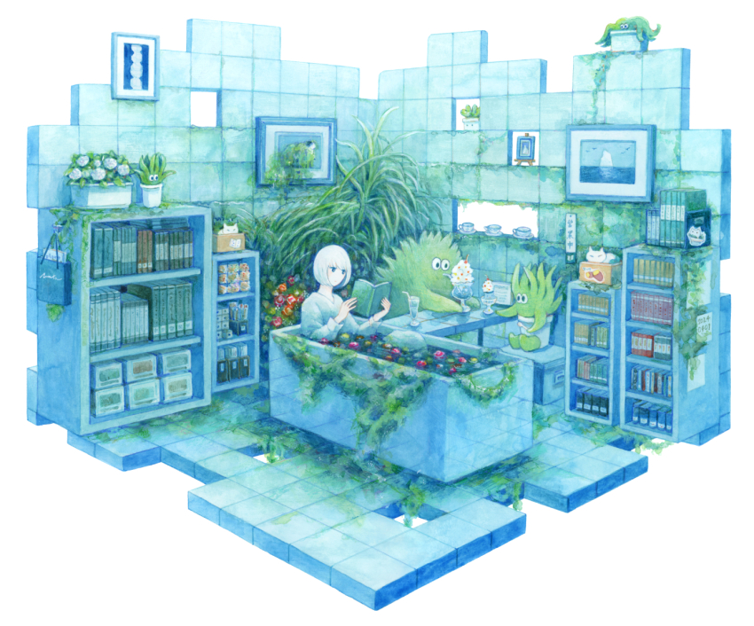 1girl animal bag bathtub black_eyes book bookshelf box cat cherry closed_mouth creature cup drink drinking_glass drinking_straw flower food fruit holding holding_book hurricane_glass indoors knees_up long_sleeves looking_at_object moss no_nose open_book original painting_(medium) partially_submerged picture_frame plant potted_plant reading robe saucer short_hair sitting solo sticker teacup tile_floor tiles traditional_media water watercolor_(medium) wayukako white_background white_flower white_hair white_robe