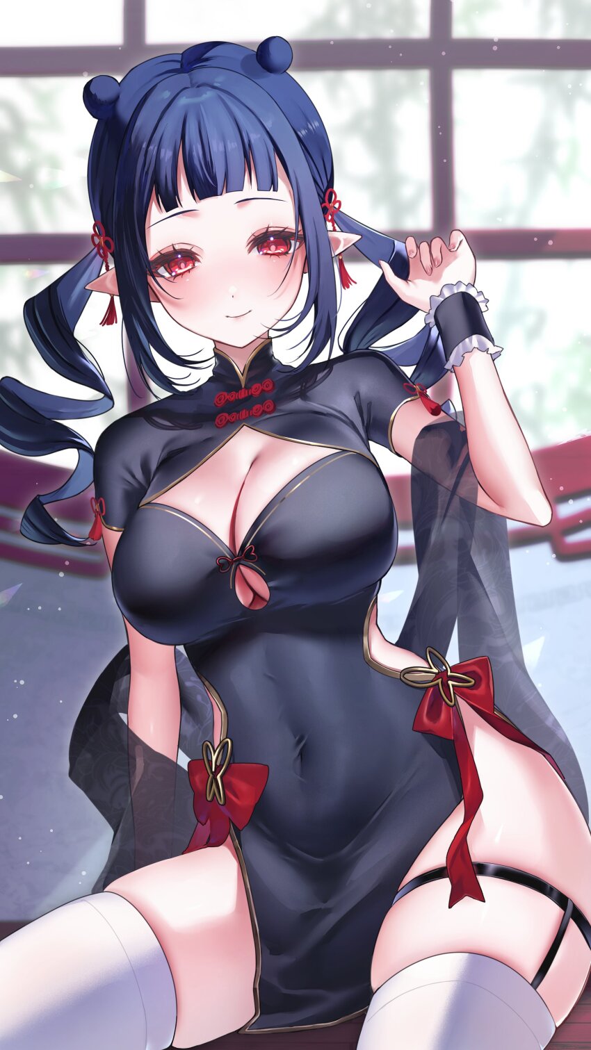 1girl absurdres alternate_costume animal_ears asymmetrical_legwear black_dress black_shawl black_shrug blue_hair blunt_bangs blush breasts china_dress chinese_clothes cleavage closed_mouth clothes_between_thighs clothing_cutout commentary commission covered_navel dark_blue_hair dizzy_dokuro double_bun dress drill_hair english_commentary eyelashes flower_knot hair_bun hair_ornament highres impossible_clothes impossible_dress indoors large_breasts long_hair looking_at_viewer moon_gate parted_hair pelvic_curtain phase_connect pointy_ears red_eyes round_window second-party_source see-through_clothes see-through_shawl shawl shrug_(clothing) sideless_dress sidelocks sitting skeb_commission skin_tight skindentation smile solo tassel tassel_hair_ornament thighhighs trtrpnk twin_drills twintails underboob_cutout uneven_legwear virtual_youtuber white_thighhighs window wrist_cuffs