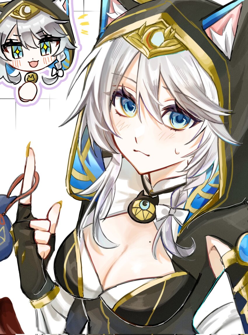 1girl animal_ears animal_hood bag black_gloves black_hood blue_eyes breasts cat_ears cat_girl cat_hood cipher_(honkai:_star_rail) cleavage coin commentary corrupted_twitter_file fingerless_gloves gloves gold_coin grey_hair handbag highres holding holding_bag holding_coin honkai:_star_rail honkai_(series) hood medium_breasts mole mole_on_breast multiple_girls short_hair_with_long_locks sparkling_eyes umenuj upper_body white_background