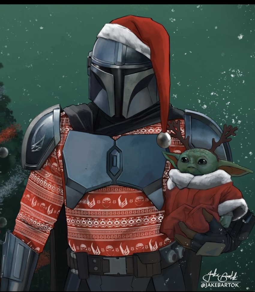 2boys alien artist_name christmas christmas_sweater colored_skin din_djarin fur-trimmed_headwear fur_trim green_skin grogu hat helmet highres jr_bartok mandalorian mandalorian_helmet multiple_boys pointy_ears red_hat red_sweater santa_hat signature snowing star_wars sweater the_mandalorian