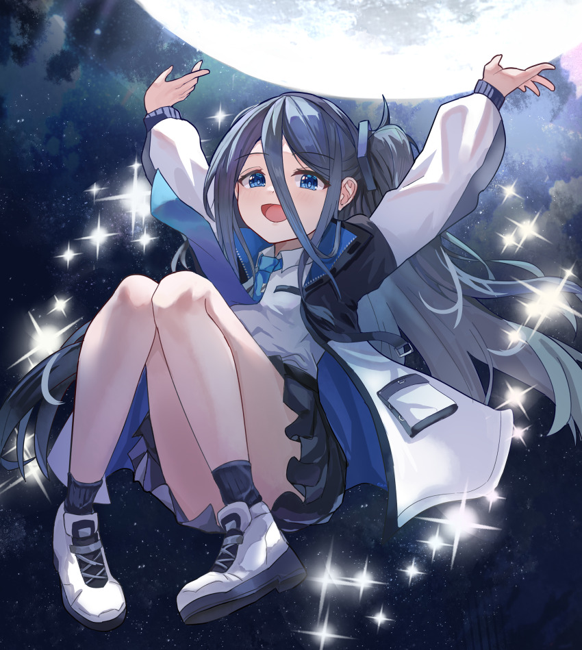 1girl :d aris_(blue_archive) arms_up black_hair black_skirt blue_archive blue_eyes blue_necktie bright_pupils chinese_commentary collared_shirt commentary_request convenient_leg cross-laced_shoes floating_clothes floating_hair floating_neckwear full_body full_moon hair_between_eyes happy highres invisible_chair jacket knees_together_feet_apart knees_up long_hair long_hair_between_eyes long_sleeves looking_at_viewer miniskirt mixian moon necktie night one_side_up open_clothes open_jacket open_mouth outdoors outstretched_hand pleated_skirt puffy_long_sleeves puffy_sleeves school_uniform shirt shoes sitting skirt smile sneakers solo sparkle straight_hair very_long_hair white_jacket white_shirt white_shoes